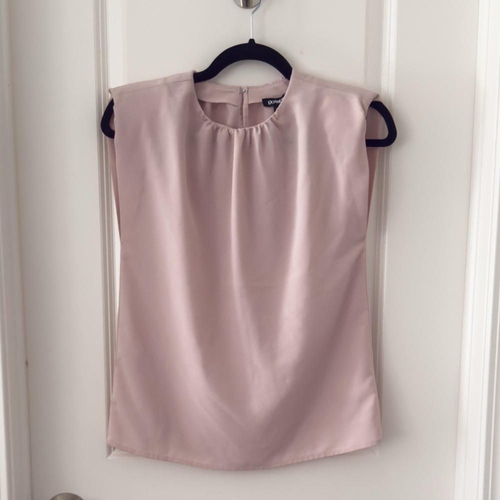 Express Gathered Neck Padded Shoulder Top in Truffle Pink Color